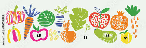 Colorful Vegetable Collage Cutouts in Playful Crayon Style, Irregular Carrots, Pumpkins, Broccoli, and Fruits, Fun Hand-Drawn Doodle Scrapbook Stickers for Kids and Creative Design