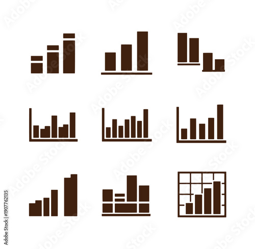set of brown bar chart and graph icons on white background