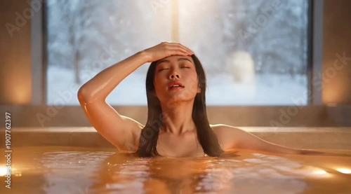 Woman relaxing in a warm bath with candles and snowy scenery