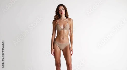 Woman in beige bikini posing on white background