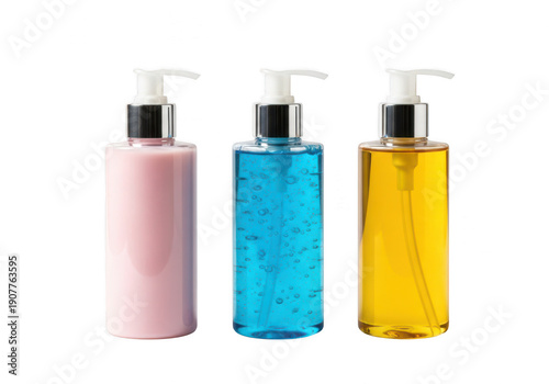 Three colorful liquid soap dispensers in pink, blue, and yellow isolated on transparent background