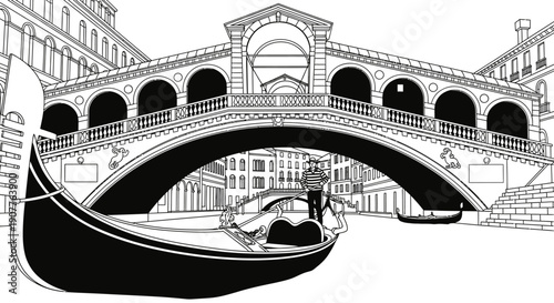 This elegant black and white line art illustration beautifully depicts the iconic Rialto Bridge spanning Venice's Grand Canal, complete with traditional gondolas.