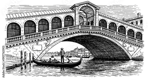 An elegant vintage engraving captures the iconic Rialto Bridge in Venice, Italy, with a traditional gondola gracefully navigating the Grand Canal below.