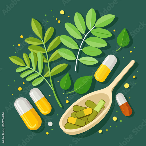 Herbal Medicine Concept with Leaves, Pills and Spoon Illustration