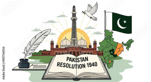 Pakistan resolution 1940 illustration with mosque flag and open book symbolizing national pride and history
