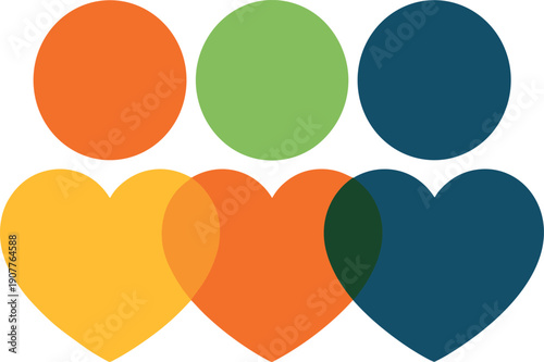Set of three abstract human figures with colorful heart shaped bodies representing community love unity and social connection on white background.