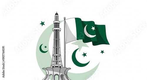 Pakistan national monument with flag and crescent moon symbols on white background