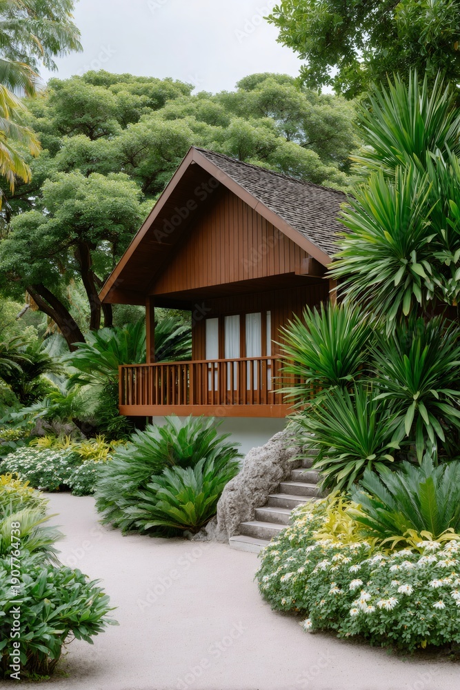 Fototapeta premium Tropical resort bungalow with lush green garden plants