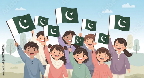 Diverse group of happy children waving pakistani flags outdoors on a sunny day with blue sky