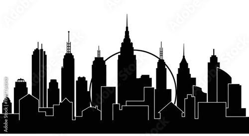 Unique city skyline silhouette with circular element on isolated white background
