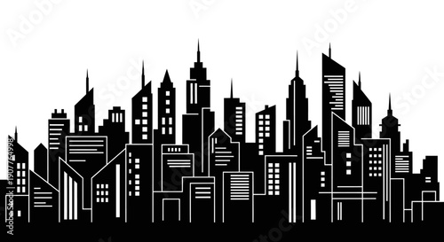 Detailed modern city skyline silhouette with window patterns on isolated white background