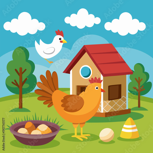 Chicken Farm with Hen, Rooster and Coop in Rural Landscape Illustration