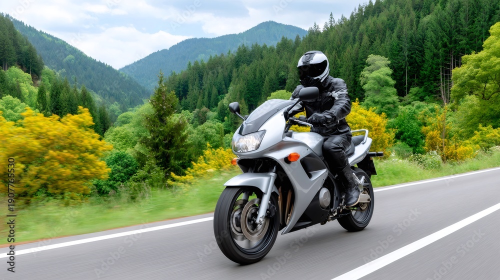 Obraz premium Biker riding motorcycle on mountain road through forest