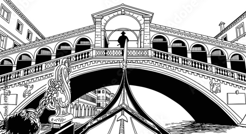 An elegant monochrome drawing showcases the majestic Rialto Bridge in Venice, Italy, as a classic gondola glides through the famous waterway.