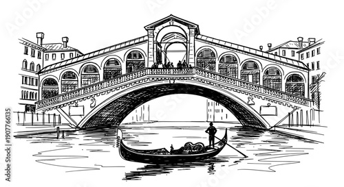 A detailed hand-drawn illustration captures the iconic Rialto Bridge spanning Venice's Grand Canal, featuring a traditional gondola and its gondolier.