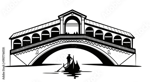 A striking black and white illustration captures the iconic Rialto Bridge in Venice, Italy, with a traditional gondola gracefully navigating the canal below.