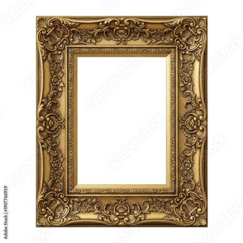A gold picture frame on a white background