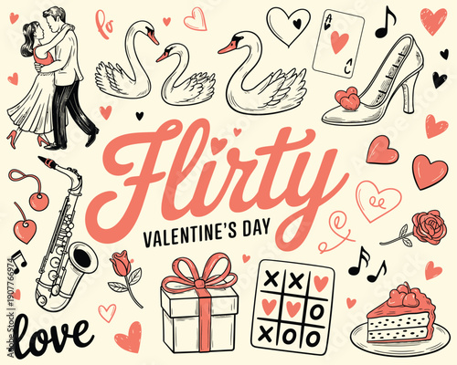 Cute and Flirty Valentine’s Day Hand-Drawn Whimsical Illustration Set, Romantic Vector Doodles with Hearts and Love Elements, Playful Style Graphics for Cards, Stickers, and Creative Design