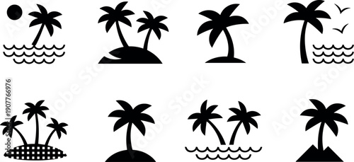 Set of black palm tree icons featuring tropical island silhouettes beach waves and summer vacation travel symbols on white background.