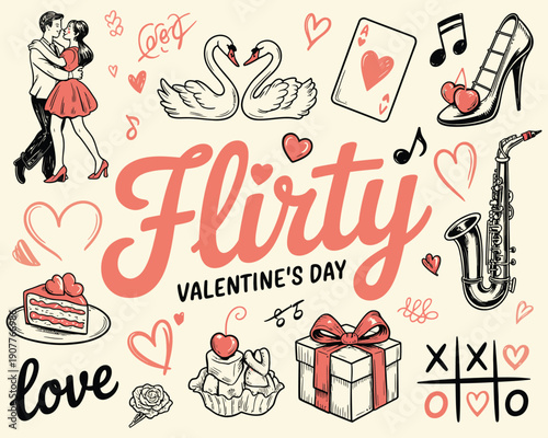 Cute and Flirty Valentine’s Day Hand-Drawn Whimsical Illustration Set, Romantic Vector Doodles with Hearts and Love Elements, Playful Style Graphics for Cards, Stickers, and Creative Design