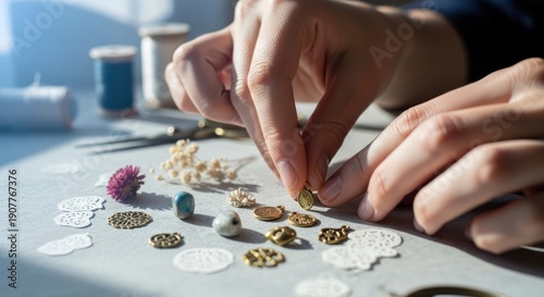 Hands Crafting Jewelry with Various Components.
