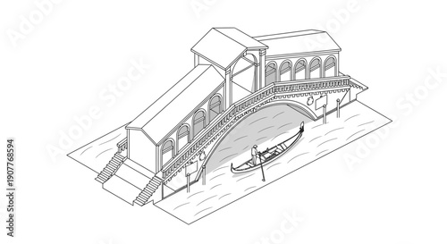 This precise isometric line art drawing beautifully depicts the famous Rialto Bridge in Venice, Italy, showcasing a classic gondola navigating the waterway.