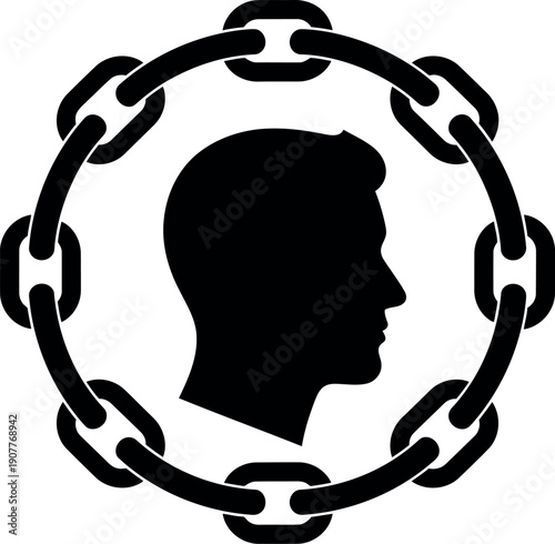 Silhouette of Human Head Enclosed by Chain Circle Icon for Security, Restriction, or Privacy Concepts
