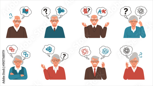 Alzheimer's disease in elderly vector illustration set