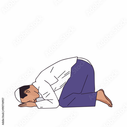 Muslim Man Performing Sujud or Prostration in Prayer Vector