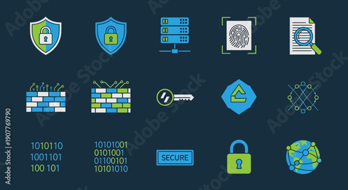 Cybersecurity icons collection featuring shields, locks, and encryption symbols on dark blue background, representing data protection and secure online transactions.