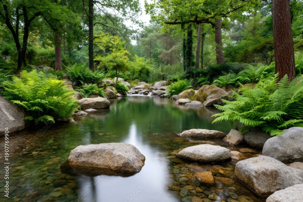 Fototapeta premium Tranquil stream flowing through forest with lush ferns