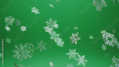 Delicate snowflakes falling against a vibrant green backdrop, creating a winter scene