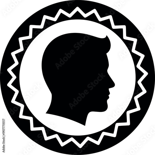 Black and White Male Silhouette Profile Icon with Circular Zigzag Border for Branding and Identity