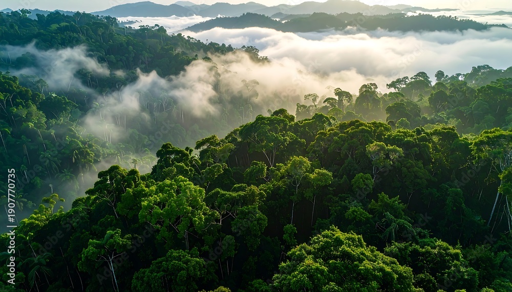 Fototapeta premium Aerial view of dense forest with foggy mountains
