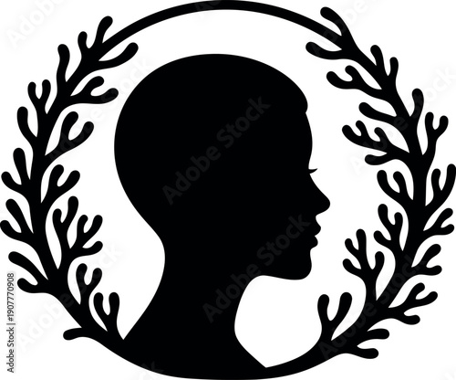 Elegant Female Silhouette Cameo with Laurel Wreath Frame in Black Vector Illustration