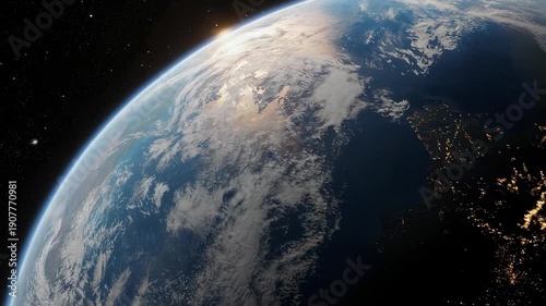 Distant view of planet Earth in space. Clouds, landmasses, and starry sky are visible