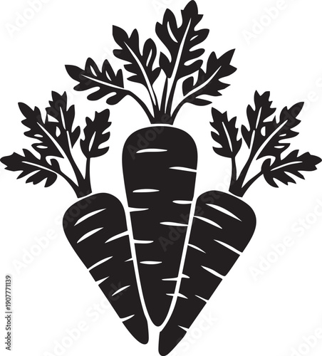 Fresh Carrot Trio: A stylized, monochrome depiction of three vibrant carrots, their leafy tops adding a touch of natural elegance, a symbol of wholesome nutrition.