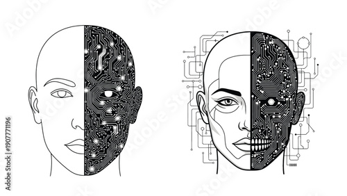 Twin Human Machine Portraits Representing Artificial Intelligence Ethics and Cybernetic Integration Visual Illustration