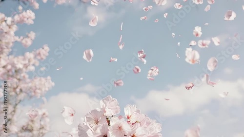 Floating cluster of pale pink blossoms and petals against a serene blue sky