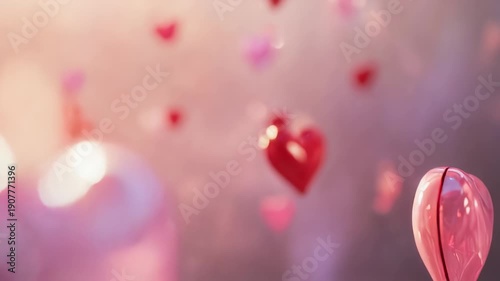 Floating, glossy, heart-shaped objects in varying shades of pink and red. Background has a soft, diffused glow