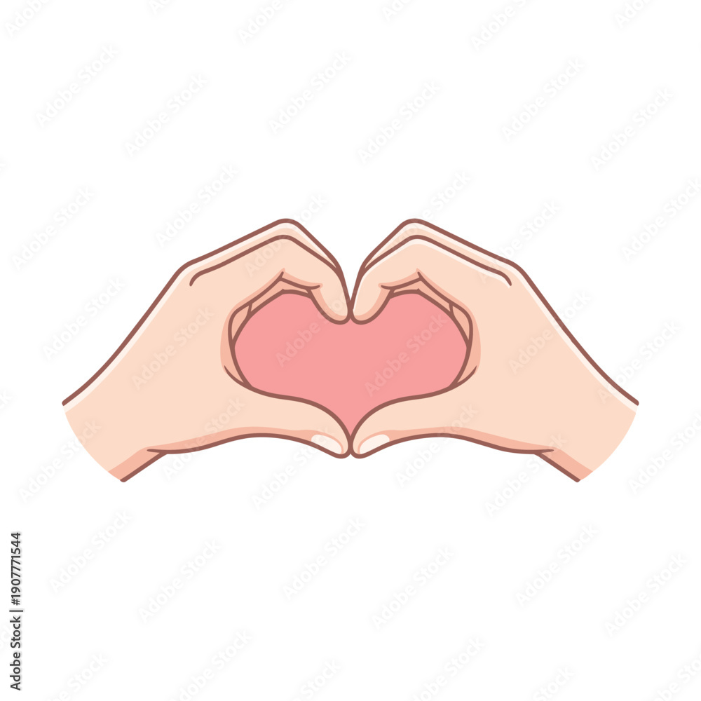 Obraz premium Simple vector illustration of two hands forming a heart shape on a white background. Clean lines and soft colors make it ideal for love, care, kindness, charity, romance, and social awareness themes.