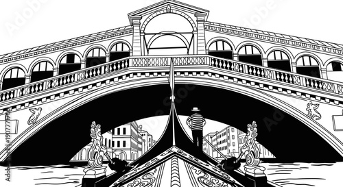 A classic Venetian gondola gracefully navigates the Grand Canal under the iconic Rialto Bridge, beautifully rendered in a striking black and white graphic.