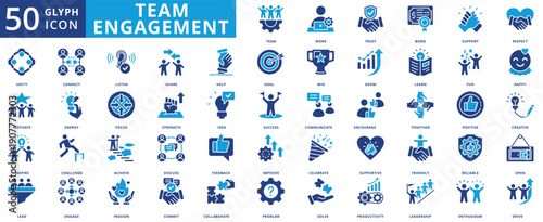 Team engagement icon set collection in flat style. icon pack contain team, work, trust, bond, support, respect, unity, motivate, inspire, lead