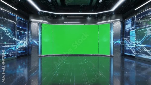 Futuristic virtual studio with green screen, digital displays, and reflective floor