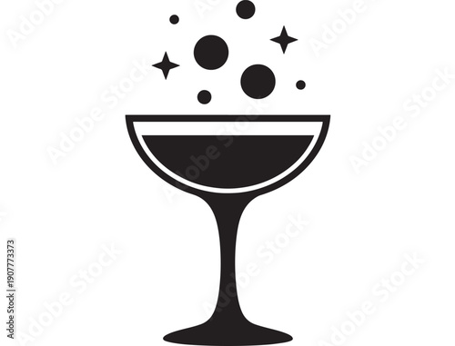 Cocktail glass icon with sparkling bubbles and stars, minimal black silhouette symbol for bar menu, party invitation, nightlife branding, app UI and web design