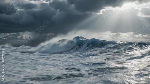 Dramatic stormy ocean waves crashing in slow motion under dark sky