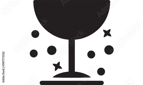 Glass goblet icon with falling bubbles and sparkles, minimalist black silhouette wine or cocktail cup symbol for bar menu, celebration, party sign, and UI