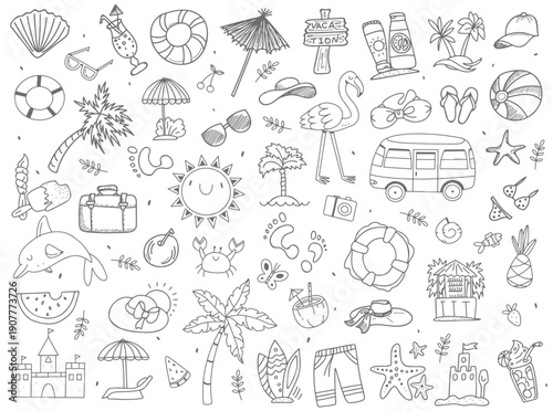 Seamless pattern with various summer and beach items in cartoon doodle style. Vector black and white summer background illustration
