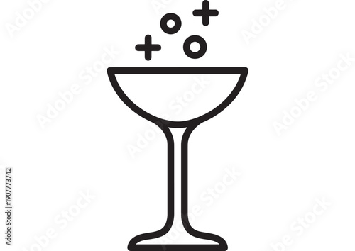 Cocktail glass icon with sparkling bubbles, minimalist black outline in modern flat line style, isolated on white background for bar menu, app UI, and signage
