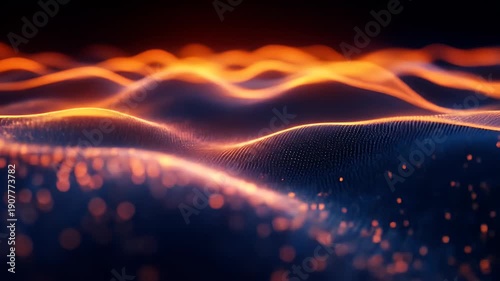 Glowing abstract waves of orange light against a dark blue background with scattered particles